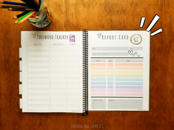 Homeschool planner includes password tracker and report cards in matching colorful kawaii style theme.