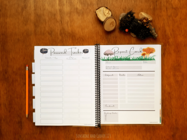 Spiral bound homeschool planner includes password tracking and report cards to use with your children if desired. The planner comes in a hand illustrated mushroom theme with various mushrooms found throughout the pages of the planner.