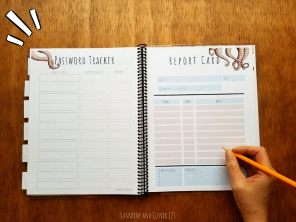 Homeschool planner includes a password tracker and report cards in the additional resources section. All pages in the planner are octopus themed and have a sky blue or brown accent coloring to them.