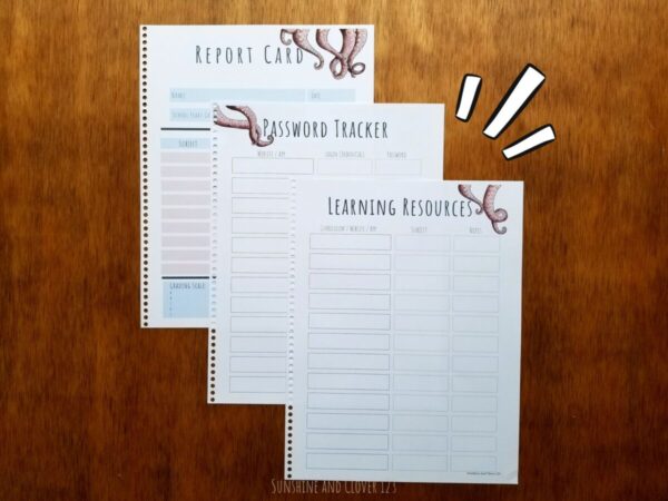 Printable homeschool planner includes a report card, password tracker, and learning resources page.