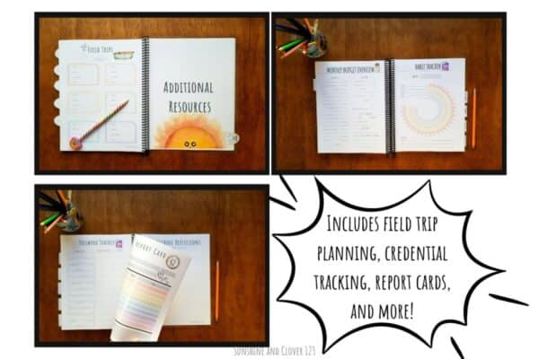 Spiral bound homeschool planner includes a field trip planning section. Monthly budget overview and habit tracking are provided at the end of each month. The additional resources section includes password tracker, report cards, and reflection pages.