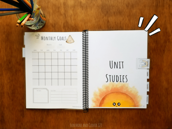 Spiral bound homeschool planner comes with a unit studies planning section and a monthly planning section. The monthly planning section includes undated months for a full year.