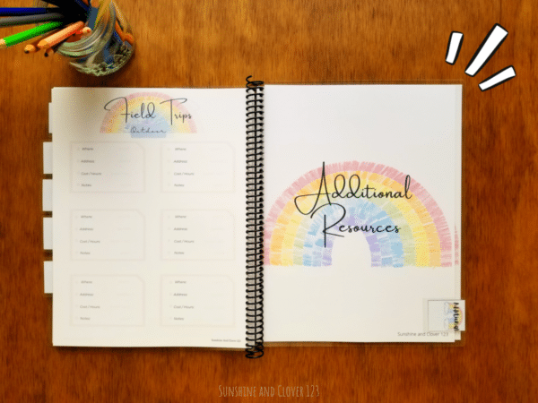 Homeschool planner includes a field trip planning section as well as a section for additional resources such as password tracker, curriculum tracker, and report cards. The planner comes in a rainbow theme throughout.