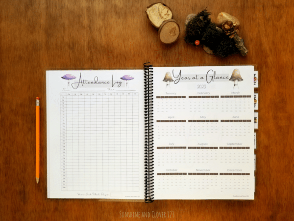 Homeschool planner includes an attendance log as well as year at a glance pages. All pages have a matching mushroom theme with various hand illustrated mushrooms.