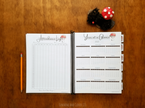 Homeschool planner includes an attendance log and year at a glance pages.