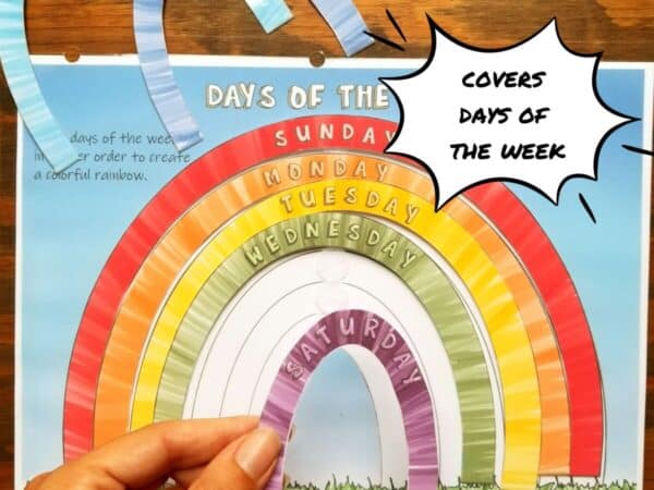 Homeschool kindergarten printables includes days of the week activity pages which cover the days of the week in rainbow style. Match up the days activity is shown here.