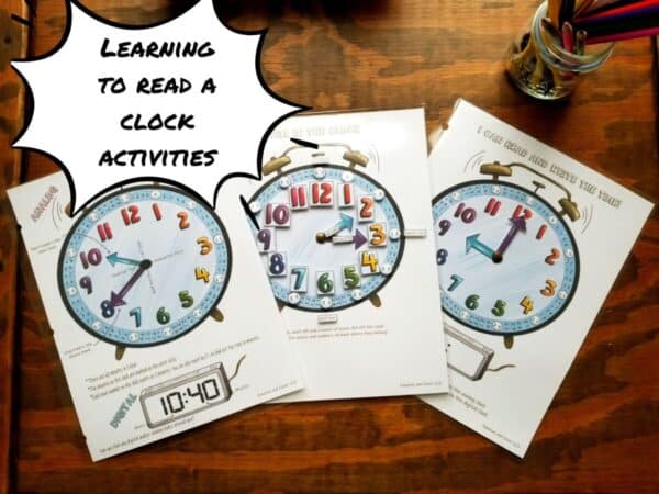 Kindergarten curriculum printables include an activity for learning how to tell the time. There is an instructional page, a matching page, and a page for practicing writing and reading the time.