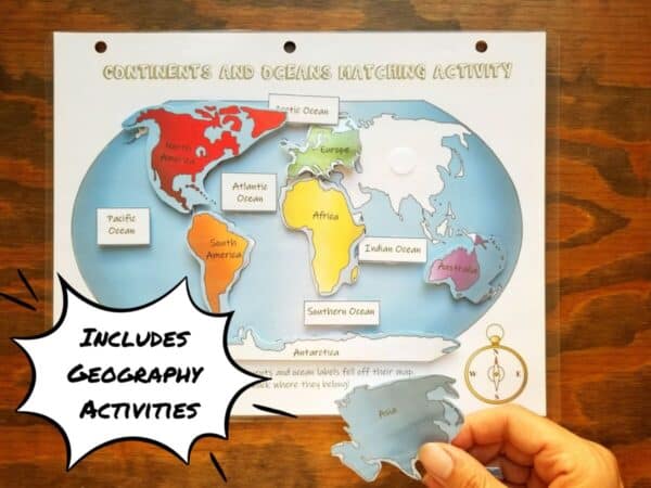 Kindergarten printables include a geography activity where you match up the continents and oceans on the blank map provided. World map has a rainbow theme.
