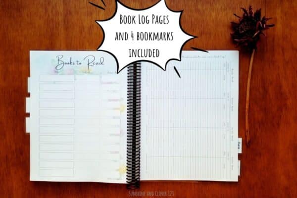 Spiral bound homeschool planner and homeschool organizer includes a book log section where you can track books and check them off as read. 4 bookmarks are provided and can be used as additional book logs.