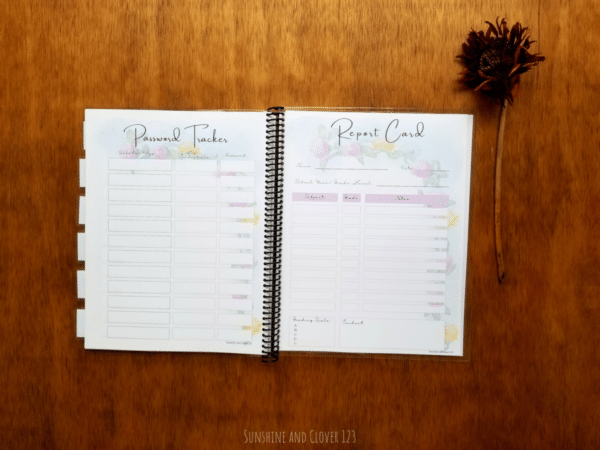 Homeschool planner includes a password tracker and report cards for end of the school year or end of the semester tracking.