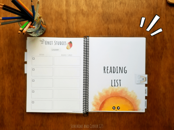 Spiral bound homeschool planner includes a reading section where you can log books read. There is also shown the unit studies planning section where you can plan out unit studies by subject if desired.