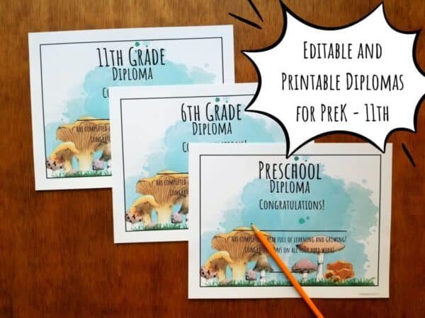 Printable diplomas for preschool through 11th grade in a hand illustrated mushroom design and aqua blue background.