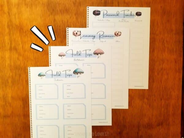 Printable homeschool planner includes field trip planning pages, learning resources tracker, and a password tracker. All pages have hand illustrated mushroom design and a soft blue acenting.