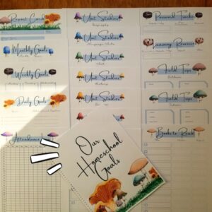 Printable homeschool planner includes 18 pages to keep track of attendance, daily planning, weekly planning, monthly planning, unit studies planning, book tracker, field trip planning, password tracker, learning resources tracker and a matching report card. All pages have hand illustrated mushrooms of various designs,