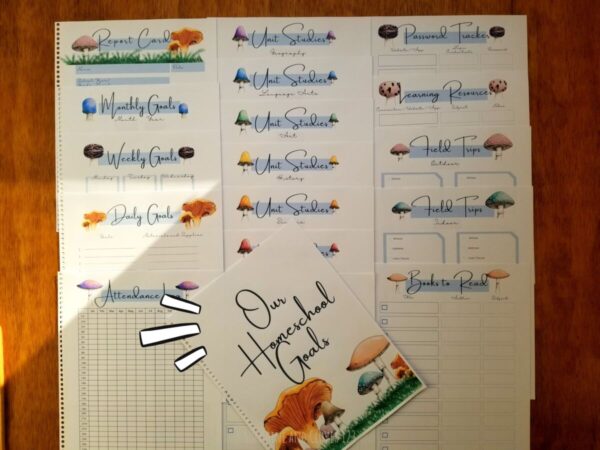 Printable homeschool planner includes 18 pages to keep track of attendance, daily planning, weekly planning, monthly planning, unit studies planning, book tracker, field trip planning, password tracker, learning resources tracker and a matching report card. All pages have hand illustrated mushrooms of various designs,