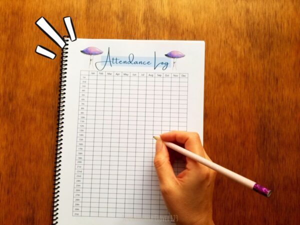 Homeschool planner includes an attendance log where you can log your child's attendance for 1 full year.