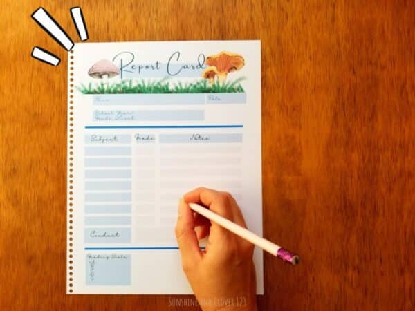 Homeschool planner includes a matching report card in mushroom theme.