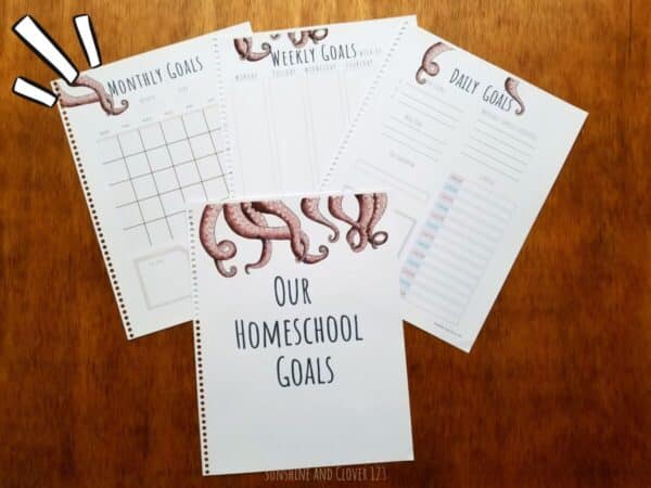 Printable homeschool planner contains a cover page, daily planning pages, weekly planning pages, and monthly planning pages. All pages in this printable planner have a hand illustrated octopus theme.