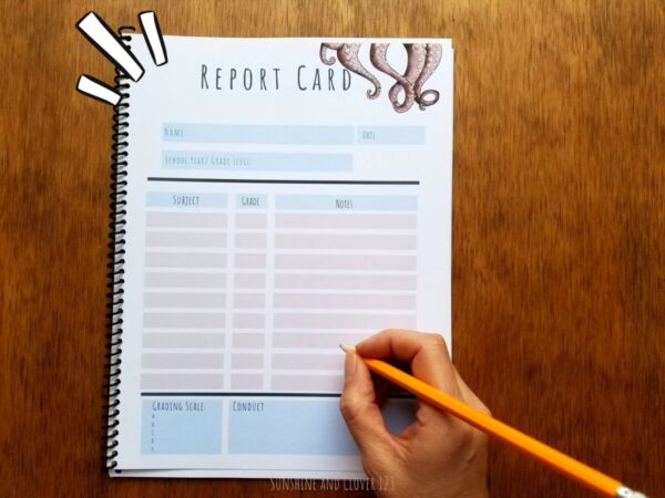 Homeschool planner contains a report card in matching octopus theme.