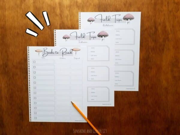 Homeschool planner contains a book log, and field trip planning pages. Pages come in a hand illustrated mushroom theme and has a soft brown accenting throughout the pages.