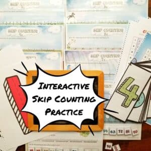 Interactive skip counting activities include interactive worksheets, flash cards, hundreds charts and wall decor. Colorful rainbow colors and animals throughout the worksheets.