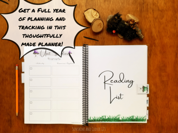 Homeschool planner includes pages to last an entire year of planning an dtracking.