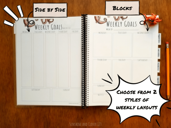 Homeschool planner includes two options for weekly layout. Weekly days can be in a side by side fashion, or they can be in daily blocks. One week fits on one side of a sheet. Homeschool planner is octopus themed throughout.