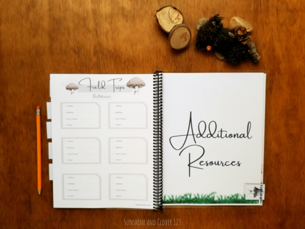 Planner for homeschoolers includes a field trip planning section as well as a section for additional resources such as password tracker and report cards. All pages and dividers have a matching hand illustrated mushroom theme.