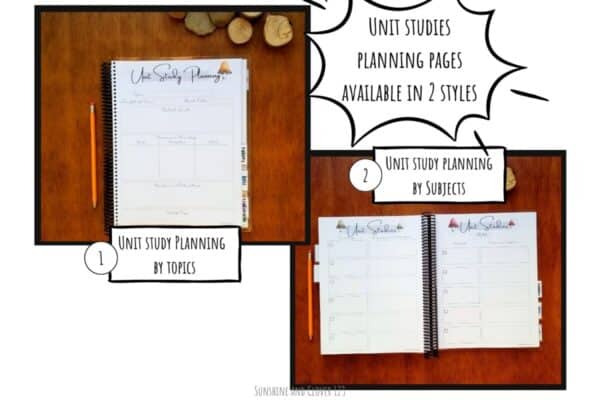 Homeschool planner contains a unit study planning section and includes two options to choose from. Option one is unit studies by topic and includes a more structured fill in area for resources. Option 2 is unit studies by subject.