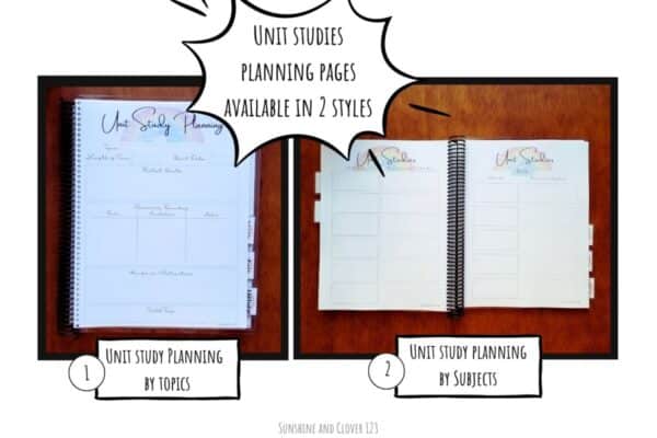 Homeschool planner contains a unit study planning section and includes two options to choose from. Option one is unit studies by topic and includes a more structured fill in area for resources. Option 2 is unit studies by subject.