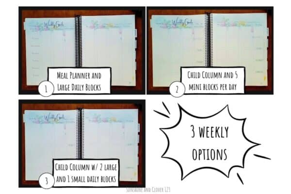 Weekly homeschool planner includes 3 options for the weekly layout. Option one includes a meal planning column, Option two contains 5 small blocks per day for up to 5 children. Option 3 includes 2 large and one small block per day for 2-3 children.