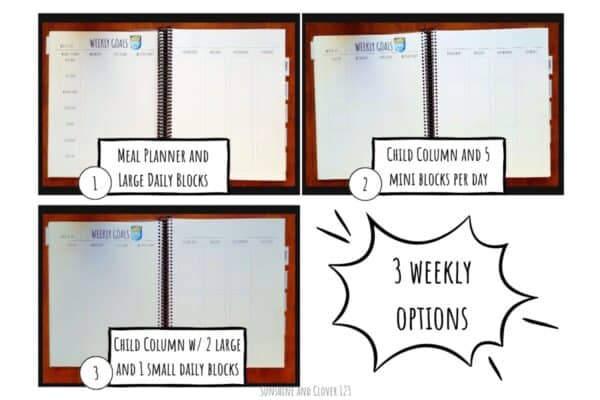 Weekly homeschool planner includes 3 options for the weekly layout. Option one includes a meal planning column, Option two contains 5 small blocks per day for up to 5 children. Option 3 includes 2 large and one small block per day for 2-3 children.