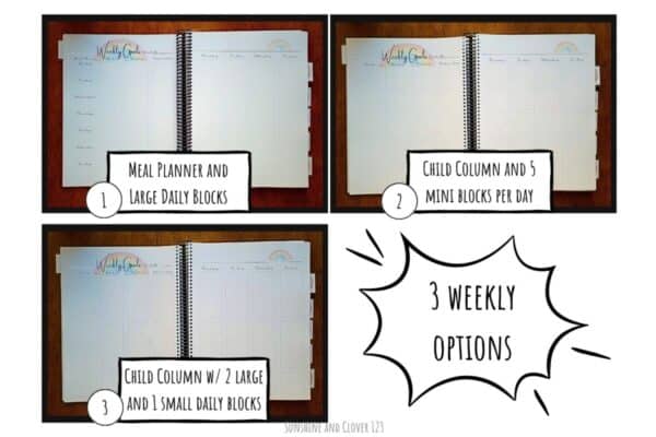 Weekly homeschool planner includes 3 options for the weekly layout. Option one includes a meal planning column, Option two contains 5 small blocks per day for up to 5 children. Option 3 includes 2 large and one small block per day for 2-3 children.