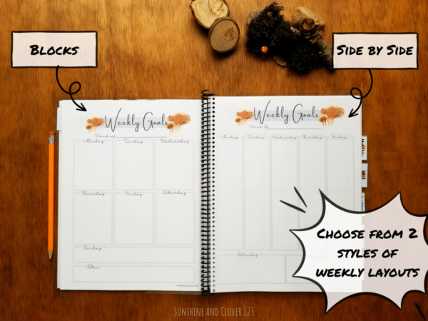 Spiral bound homeschool planner has two options for weekly layout. Either choose the side by side option or the daily blocks option. Both options will have weekly planning condensed down to one side of US standard letter size paper.