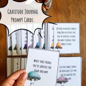 Gratitude journaling prompts available in card versions have various hand illustrated mushrooms on each card and a unique writing prompt on each card. Cards are aprox 2 by 3 inches.
