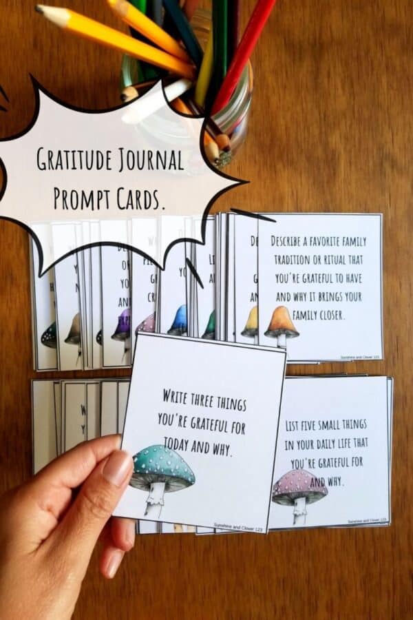 Gratitude journaling prompts available in card versions have various hand illustrated mushrooms on each card and a unique writing prompt on each card. Cards are aprox 2 by 3 inches.