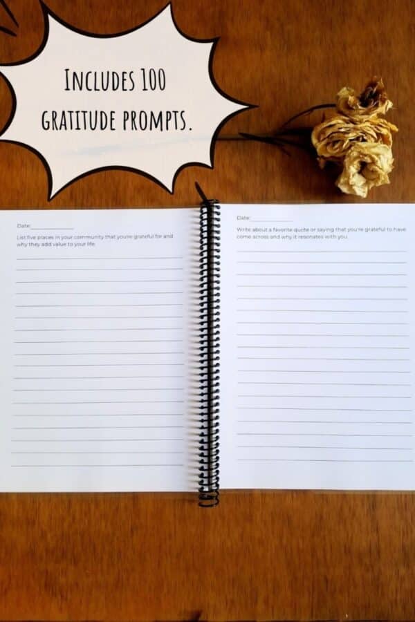 This gratitude journal contains 100 prompts to encourage a mind of gratefulness. Pages are shown printed out and spiral bound with the lined sections on each page.