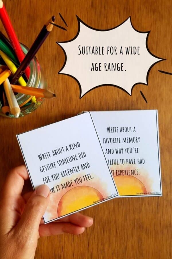 Gratitude writing prompts for all ages come with a hand illustrated sunshine design on the bottom of each card and contain 100 unique prompts.