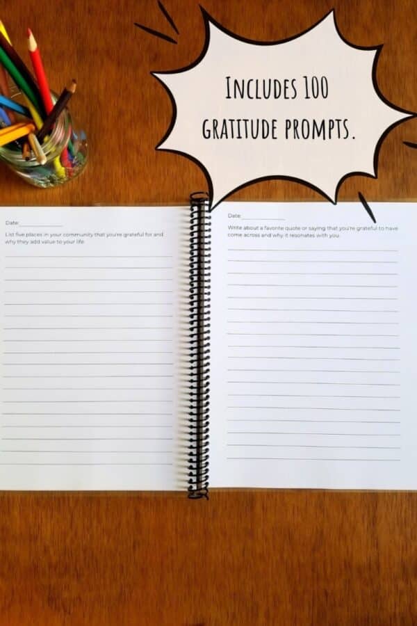 Gratitude journal comes with 100 unique prompts. Pages are lined and feature the new prompt at the top of each page as well as an area to add the date.