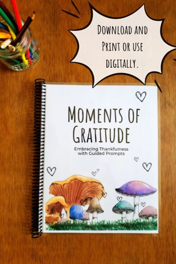 Gratitude journal can be downloaded and then printed or used digitally. Journal includes colorful hand illustrated mushrooms on the front cover.