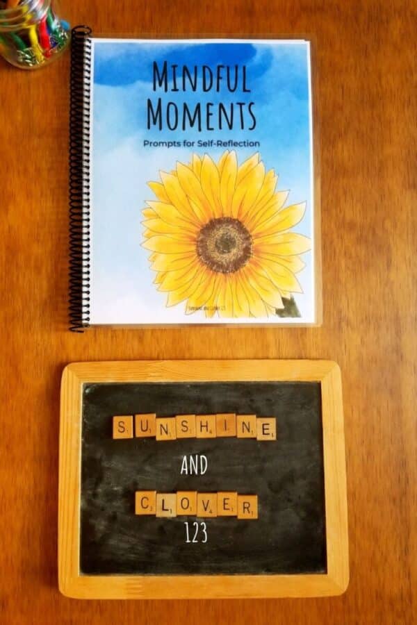 Self reflection journal titled "Mindful Moments" by Sunshine and Clover 123.