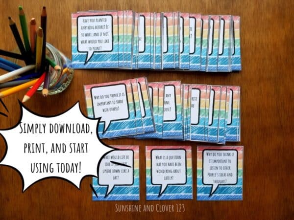 Printable journaling prompts for kids can be downloaded, printed, and used the same day. Cards have a rainbow and comic style to them.