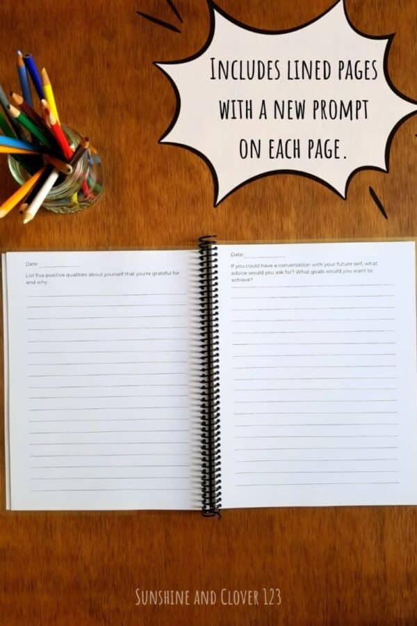 Printable journal includes lined pages with a new prompt on each page. Writing prompts are geared towards self reflection and include 100 prompts throughout the pages.