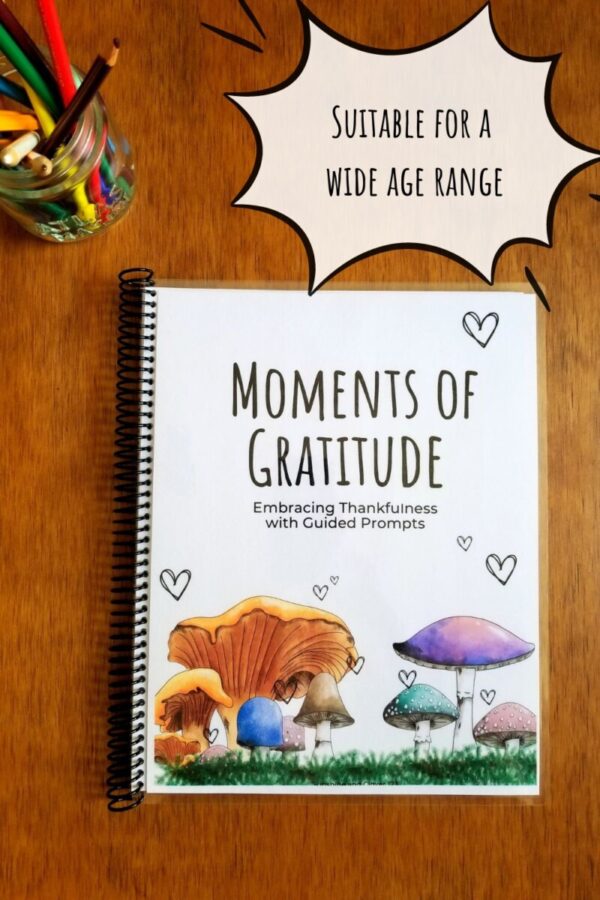 Printable gratitude journal comes with hand illustrated mushroom design on the front cover with playful hearts and is titled moments of gratitude. This thankfulness journal is suitable for a wide age range.