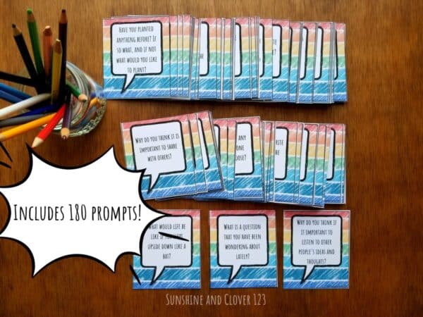 Printable journal prompts for young children includes 180 rainbow themed cards. Writing prompt cards have a little comic style talking bubble with the writing prompt located in each talking bubble.