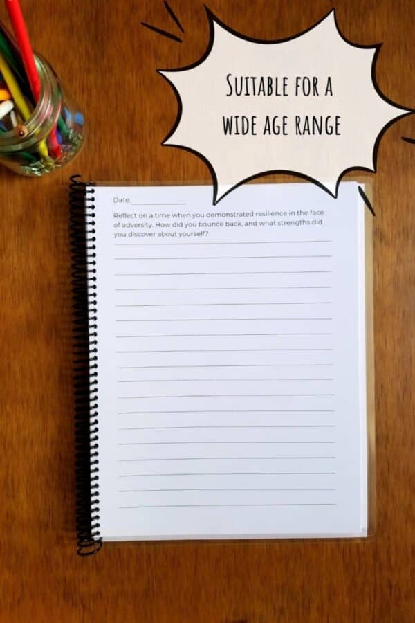 Printable journal for mindfulness and self reflection is suitable for a wide age range. Lined pages include a new writing prompt at the top of each page with an area to fill in the date.