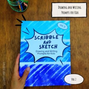Journal for kids is titled "Scribble and Sketch - Drawing and Writing Prompts for Kids" has blue bands across the cover. This journal is US standard letter size and is volume 2.