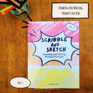 Scribble and sketch drawing and writing prompts for kids includes red, orange, and yellow banding on the front cover design with a comic style accent behind the title.