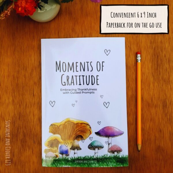 Gratitude journal comes in a convenient six by nine inch size for on the go use. Colorful hand illustrated mushrooms are included on the front cover.