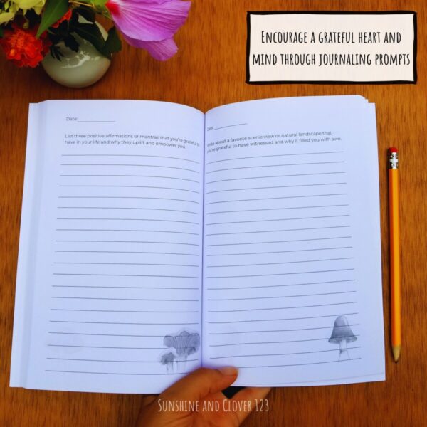 Encourage a grateful heart and mind with journaling prompts. There is a new journal prompt on each page with lines to write under each prompt and hand illustrated mushroom designs on each page.